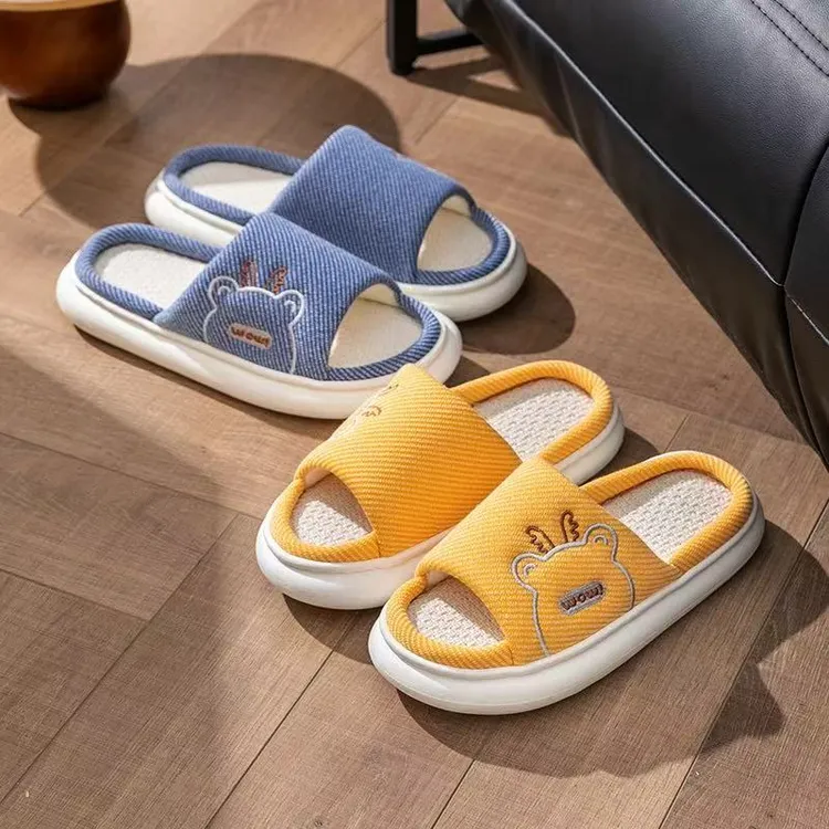 2025情侣小鹿亚麻拖鞋四季室内家居厚底防滑静音棉麻布地板拖男女