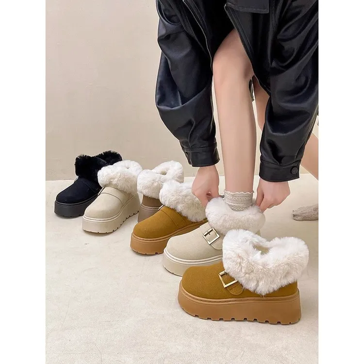 时尚百搭厚底拼接绒毛增高雪地靴女鞋2025秋冬季新款加绒棉鞋面包
