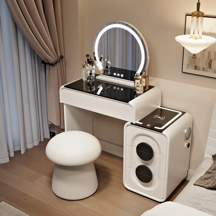 实木梳妆台卧室小户型斗柜一体智能化妆桌无线充电蓝牙音响复古风