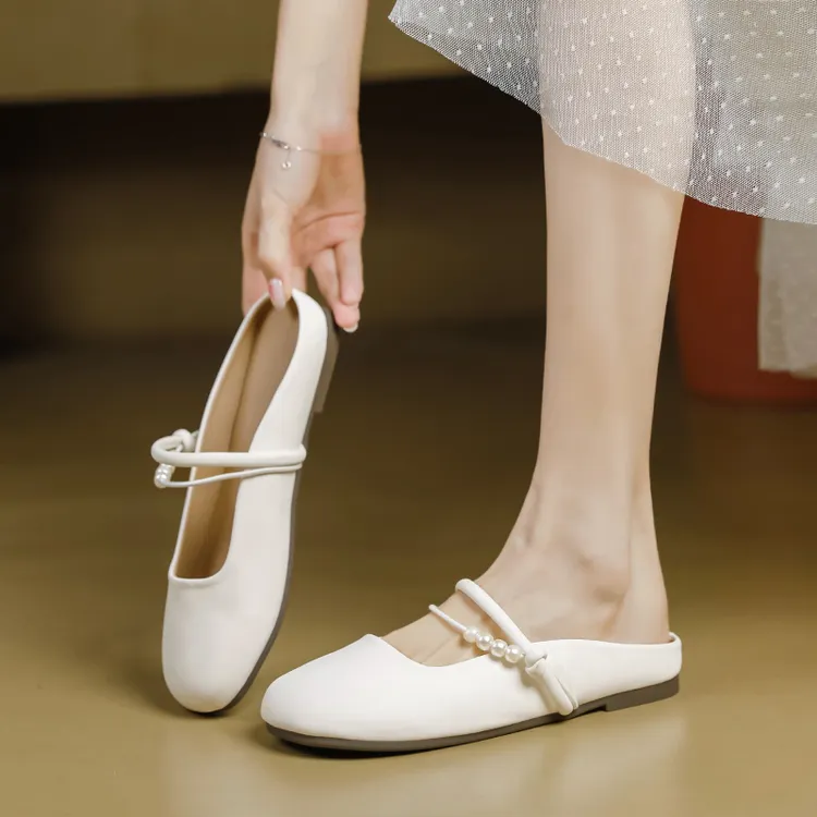 真皮平底凉拖软底包头拖2025夏季新款通勤百搭串珠后空单鞋大码42