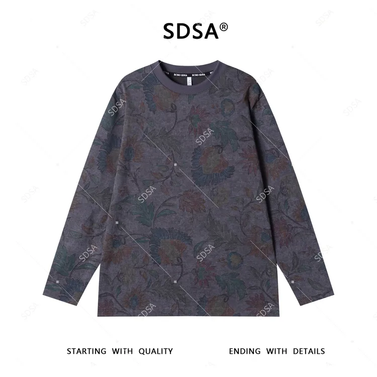 SDSA秋季新款男士痞帅扎染彩色植物花卉圆领长袖T恤百搭时尚上衣