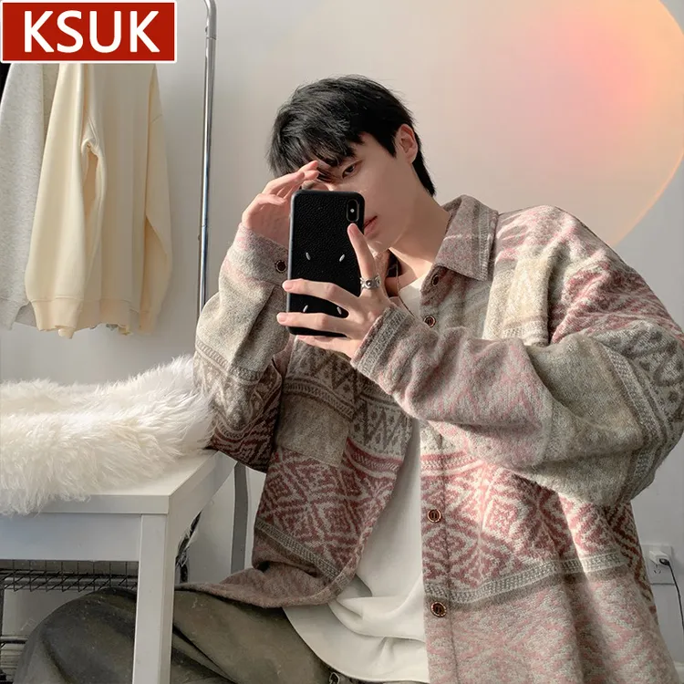 KSUK长袖衬衫夹克男民族风呢料宽松上衣服秋季学生潮牌粉色外套