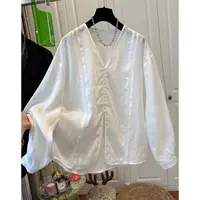 D00682时尚超好看苎麻蕾丝镂空V领开叉长袖时尚防晒服女衬衫轻薄