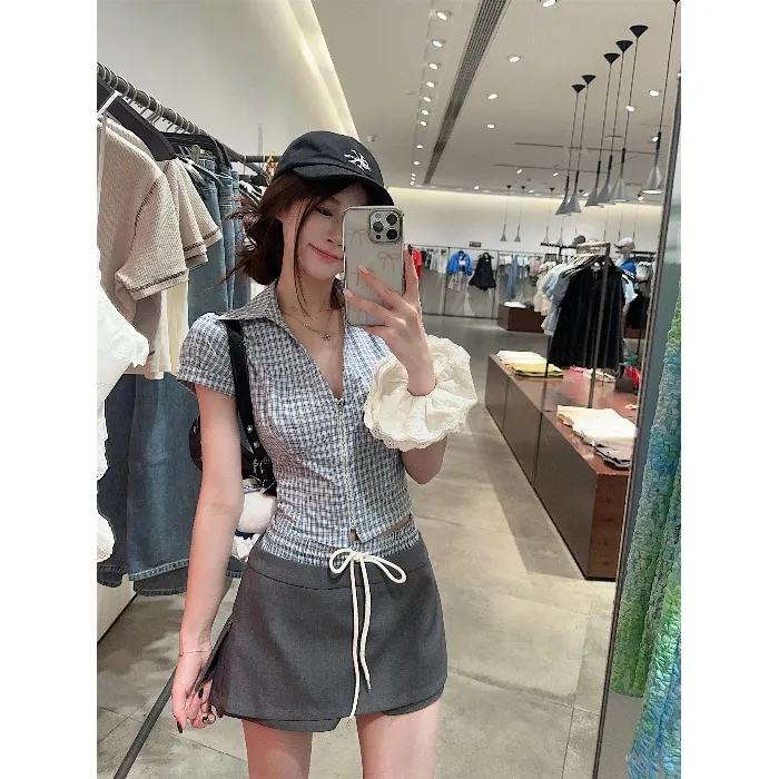 时尚套装格纹翻领短袖衬衫女装夏季复古高腰显瘦抽绳半身裙两件套