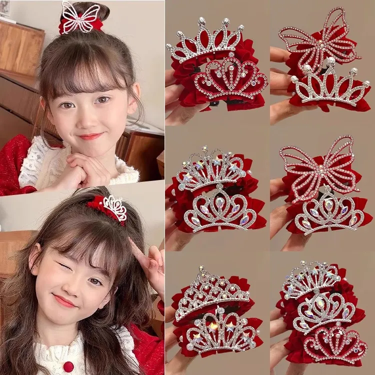 儿童丸子头神器新年红色皇冠头饰女童公主头盘发发扣发夹过年发饰