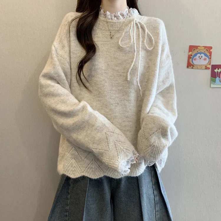 大码女装遮肚子蕾丝拼接打底针织衫女秋冬胖MM宽松巨显瘦软糯毛衣