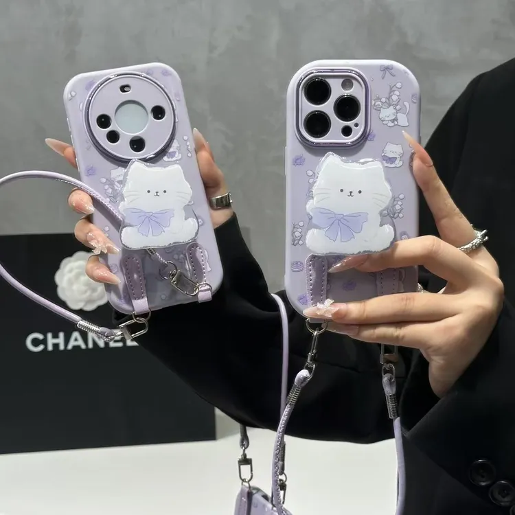 SMBLCE紫结猫咪支架挂绳适用苹果17胖子手机壳16华为vivo小米oppo