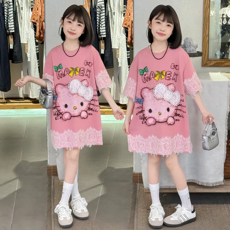 女童连衣裙蝴蝶结卡通短袖2025新款夏季半袖T恤裙女孩洋气韩版裙