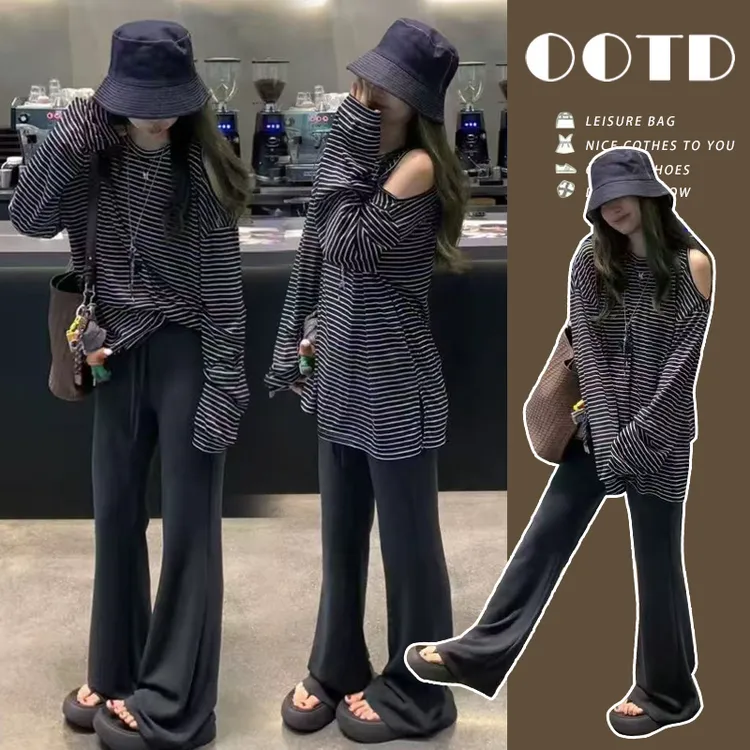 孕妇装2025秋夏新款时尚长袖条纹宽松街头风T恤慵懒百搭孕妇套装