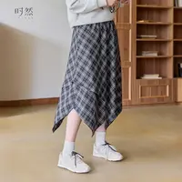 时然【秋日褶曲】微胖大码女装高腰气质显瘦时尚不规则格子半身裙