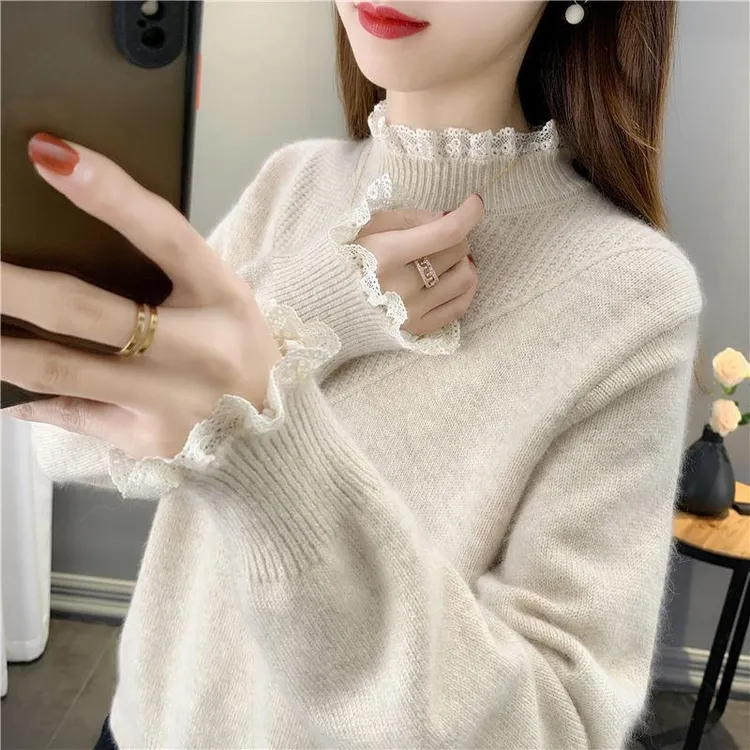 蕾丝拼接半高领套头毛衣女士春装2025年新爆款针织衫显瘦打底上衣
