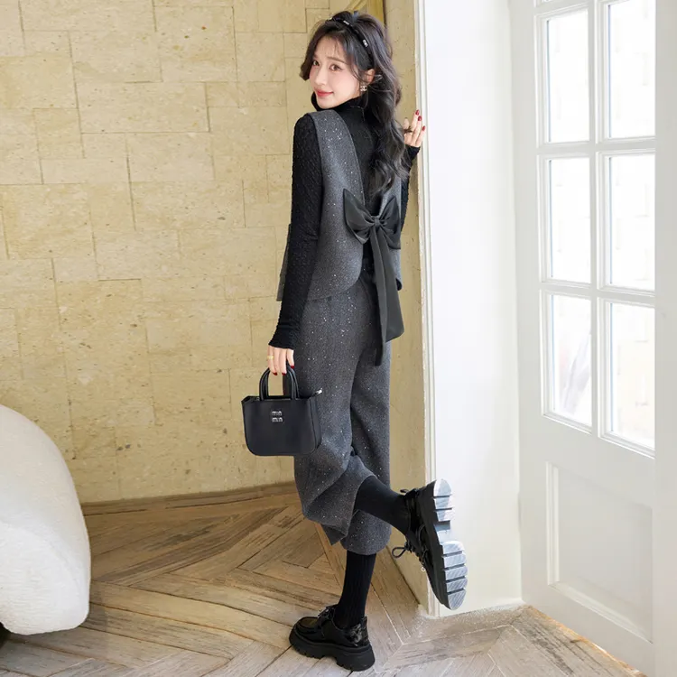 三件套装春女装蝴蝶结马甲2025新款网红洋气衣服炸街时尚阔腿裤子
