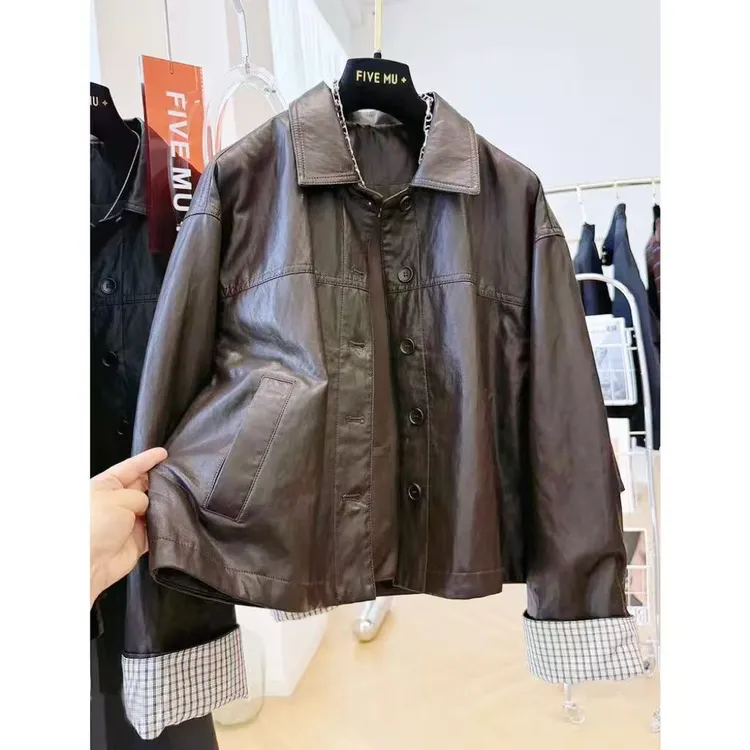 韩版秋季短款女士秋季短款机车皮衣女装时尚宽松翻领