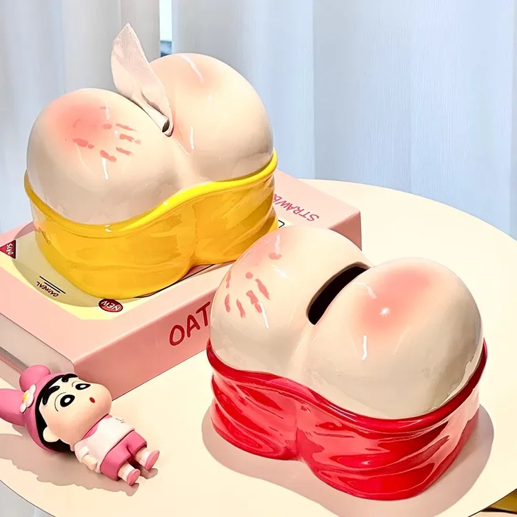 卡通小新纸巾盒家用客厅高档抽纸盒创意桌面摆件陶瓷防水可爱粉色