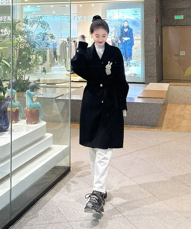 商场同款洋气时尚黑色气质简约宽松毛呢大衣外套