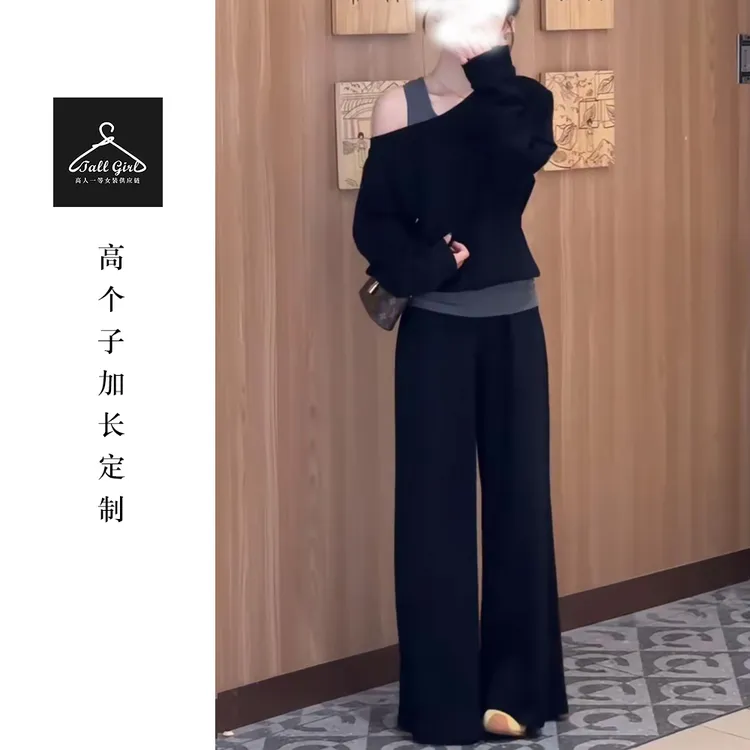西西专属【轻熟运动风】高个子秋季减龄斜肩假两件卫衣+裤子套装两件套