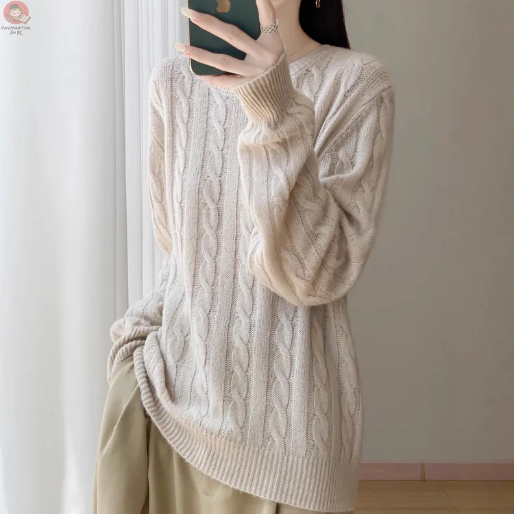 羊毛双股加厚圆领麻花 秋冬新款加厚保暖百搭宽松慵懒上衣