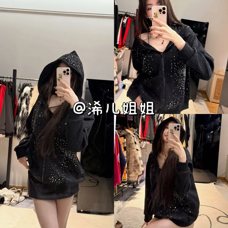 （浠儿姐姐）美式满天星烫钻连帽卫衣秋冬高级感水洗做旧拉链外套