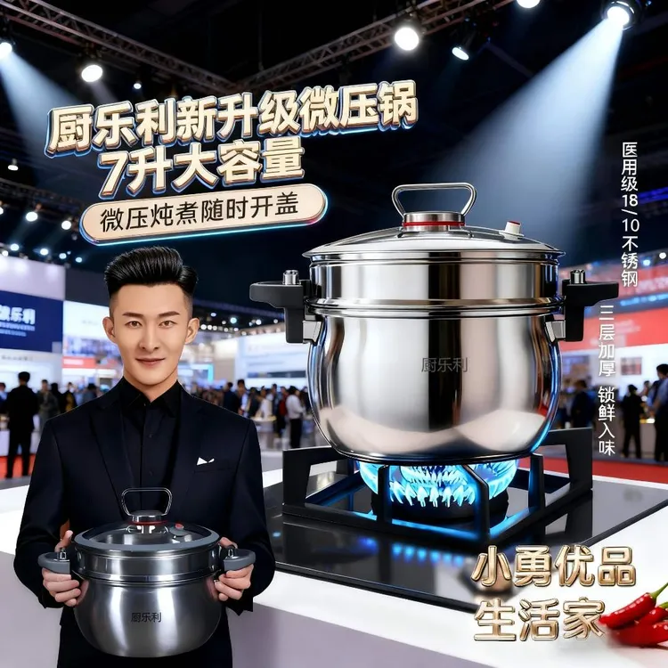 厨乐利⭐高颜值不锈钢微压蒸锅家用炖煮汤锅26cm7升大容量不粘锅新