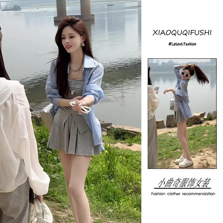 夏季流行穿搭一整套新款2025年韩版高级感防晒衬衫吊带短裙三件套