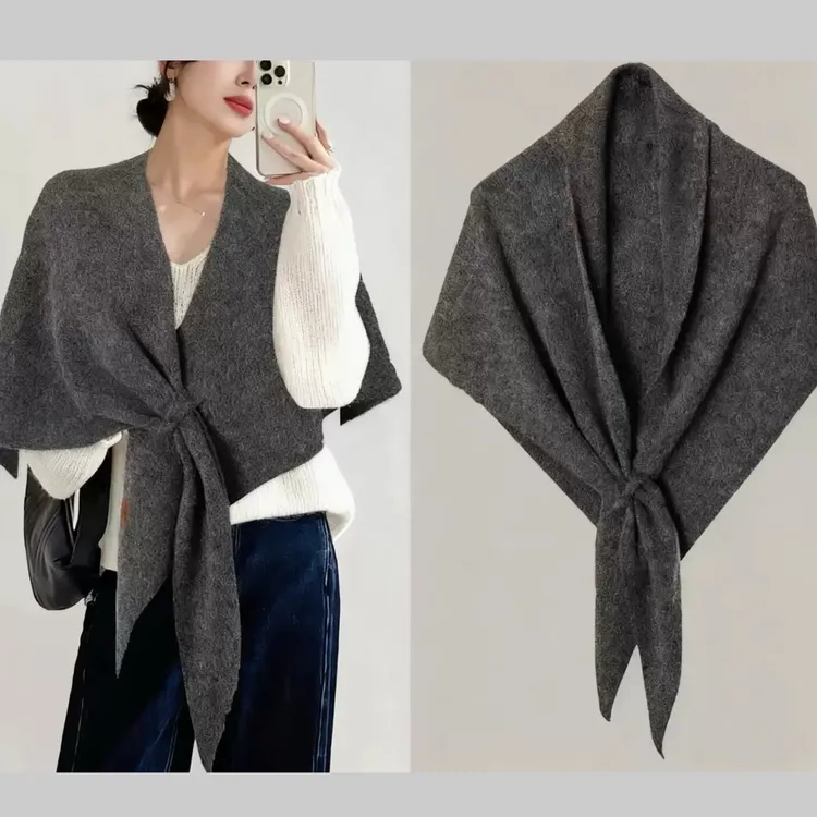 DAJING秋冬 慵懒含羊毛三角围巾女冬护颈保暖围脖灰色大披肩外搭