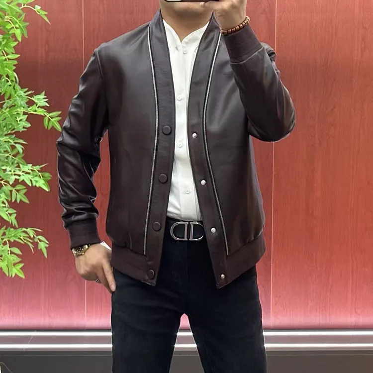 25001【杨会长】男士欧货简约轻奢•拉链工艺青果领皮衣夹克外套•酷