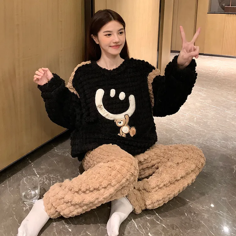 冬季加厚保暖提花绒睡衣女套装家居服卡通圆领套头家居服韩版外穿