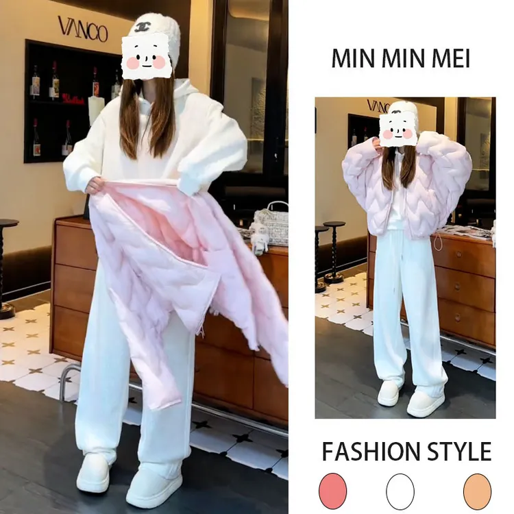 韩系穿搭冬装时尚宽松保暖设计感棉服外套加绒连帽卫衣卫裤三件套