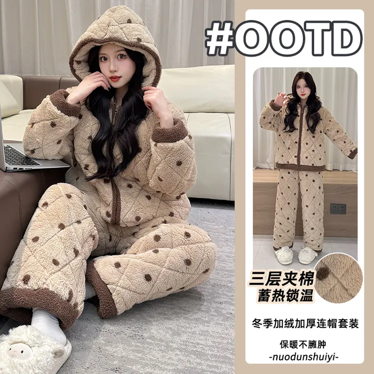 三层夹棉加厚睡衣女款秋冬季时尚波点湖南省省服保暖珊瑚绒家居服