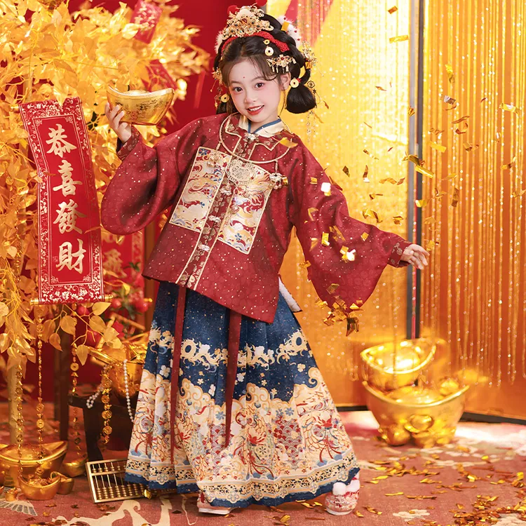 【福鹿同春】汉服女童冬装宝宝中国风明制套装女孩古装儿童红色拜年