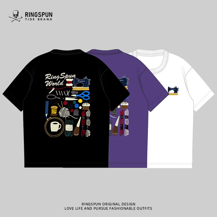 【缝纫机】夏季纯棉t恤男潮牌圆领宽松刺绣短袖t恤男女同款情侣t