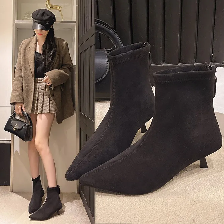 时装靴尖头高跟细跟短靴单靴网红百搭【108-1】