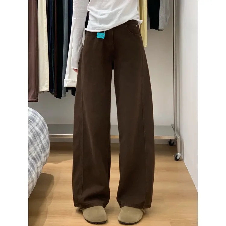 棕色美拉德弯刀裤女2025新款秋季梨型身材遮胯胖mm显瘦直筒牛仔裤