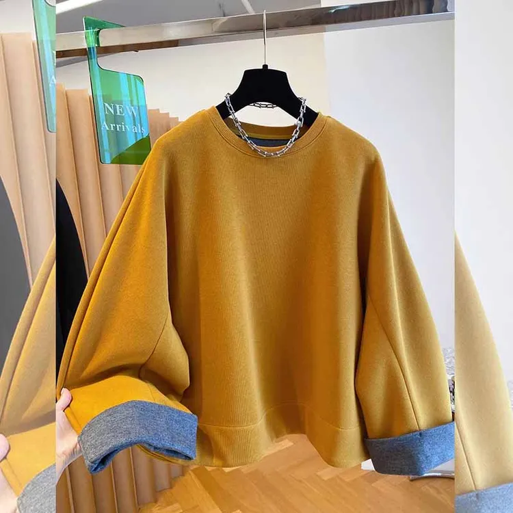 韩系套头圆领无帽大版卫衣女宽松慵懒风春秋季新款高级感显瘦上衣