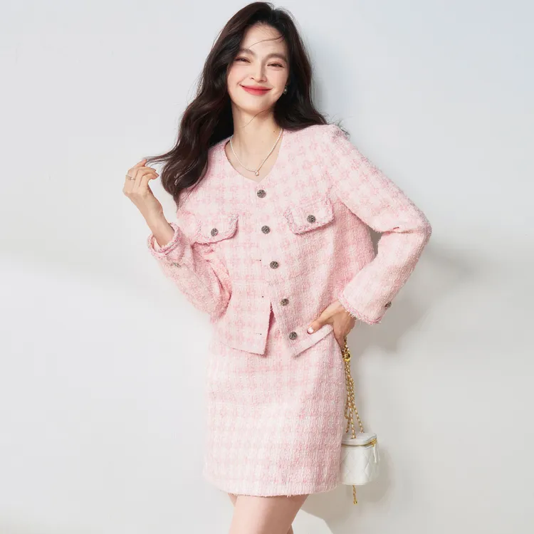 25春季千金风法式粉色小香风套装高级感气质外套25069连衣裙25070