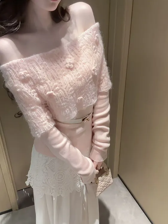 【广岛之恋】进口马海毛绵羊毛假两件一字肩针织上衣DYDD-25070019