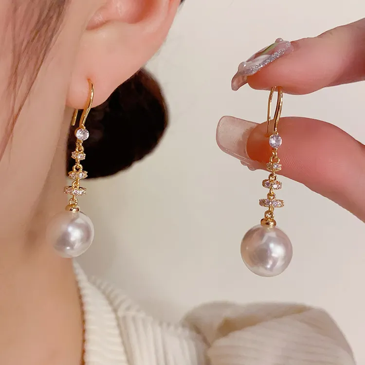 铜合金耳饰 高级感轻奢长款珠珠耳钩简约时尚气质名媛风小众耳环