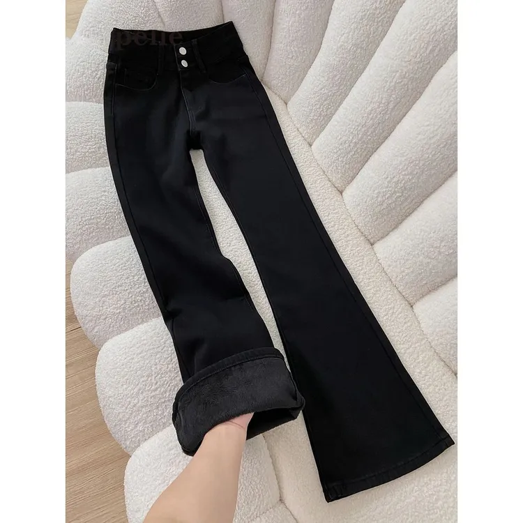 雪千羽黑色微喇牛仔裤女2025秋冬新款加绒加厚休闲修身弹力拖地裤