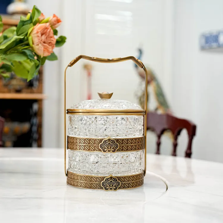 中式古典黄铜如意把手水晶玻璃双层点心盒家居果盘摆件#GY