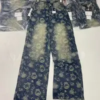 D8187新款卡通提花设计阔腿渐变百搭显瘦牛仔拖地裤