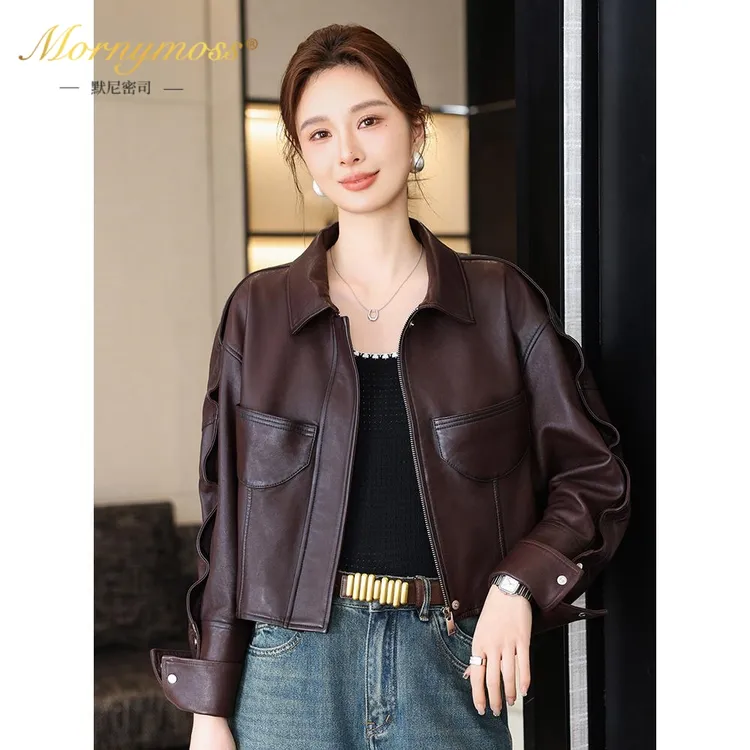 默尼密司品牌真皮皮衣女春秋新款设计感头层绵羊皮机车夹克外
