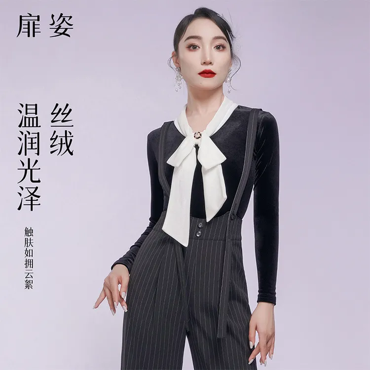 扉姿 摩登舞上衣女新款高级丝绒保暖国标舞服洋气跳舞连体衣F1392