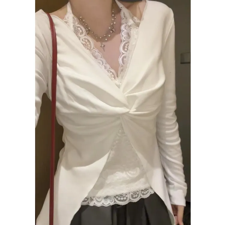 【法式蕾丝】设计感假两件挂脖吊带女美背v领无袖上衣