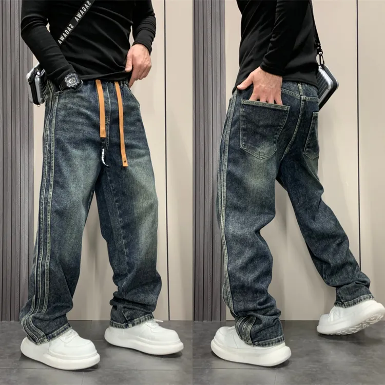 潮牌宽松直筒牛仔裤2025秋冬新款加绒美式复古男士休闲阔腿长裤子