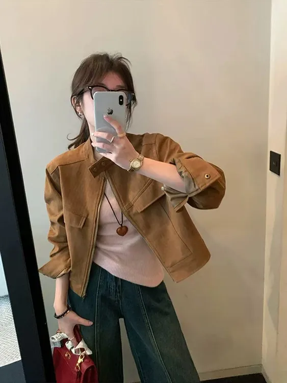 咖色美拉德短款女2025春秋新款高级感百搭小个子短款绒皮外套韩版