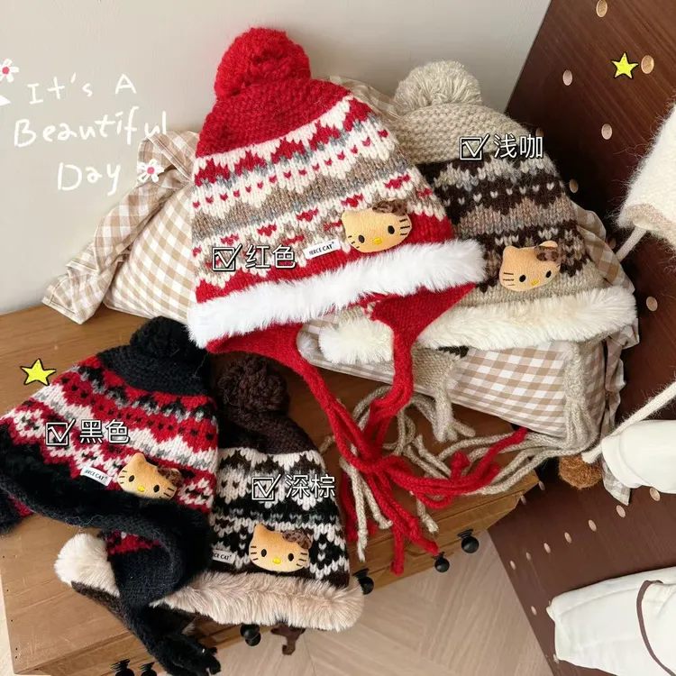 提花针织凯蒂猫毛球暖暖帽巨好看保暖帽 25746