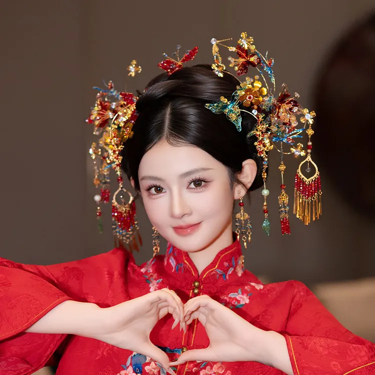 合金树脂婚庆饰品 新娘发饰撞色饱满流苏古典秀禾中式配饰品G0264