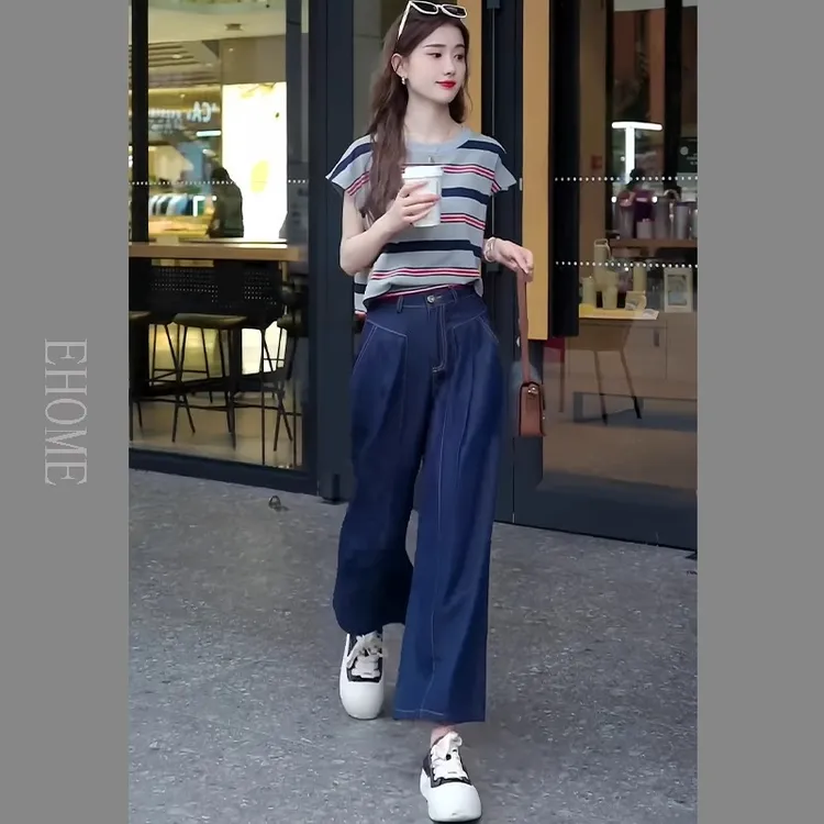 小众不撞款套装夏季新款撞色条纹设计款短袖上衣高腰直筒牛仔裤女