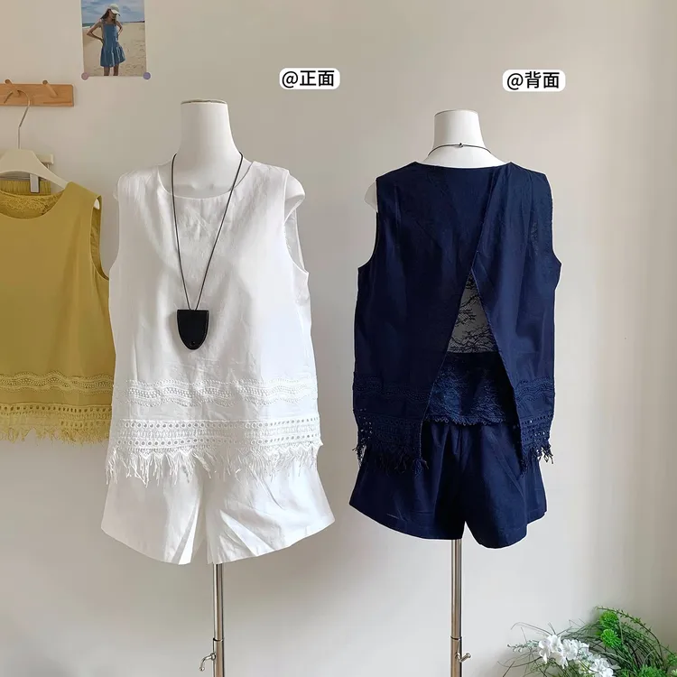 新款小众圆领刺绣无袖后开叉上衣+抽绳短裤欧洲站2025夏季两件套