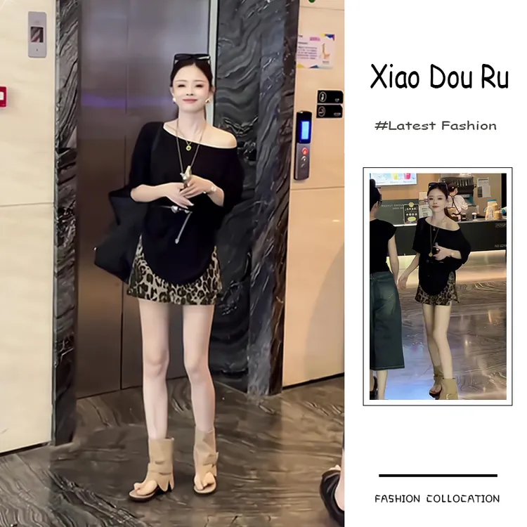 夏季流行穿搭一套新款2025韩系御姐风宽松百搭T恤豹纹裙裤两件套